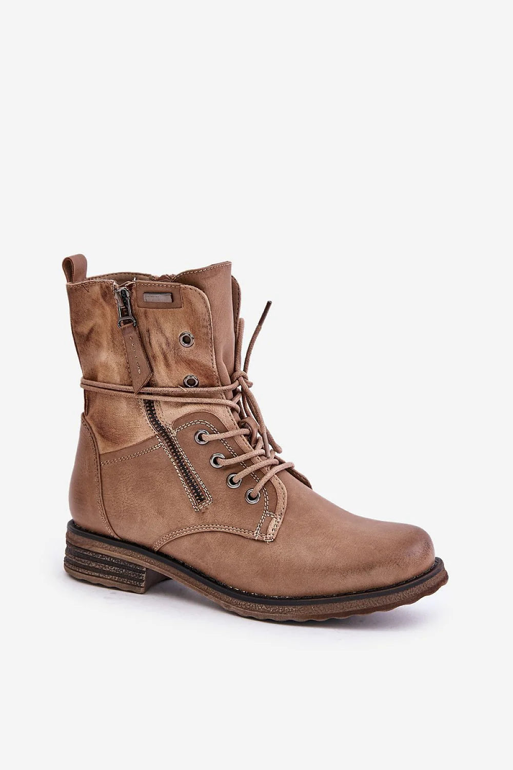 Bottines pour femmes en cuir beige taupe, style combat, fermeture éclair latérale, lanières métalliques, semelle épaisse, doublure en shearling