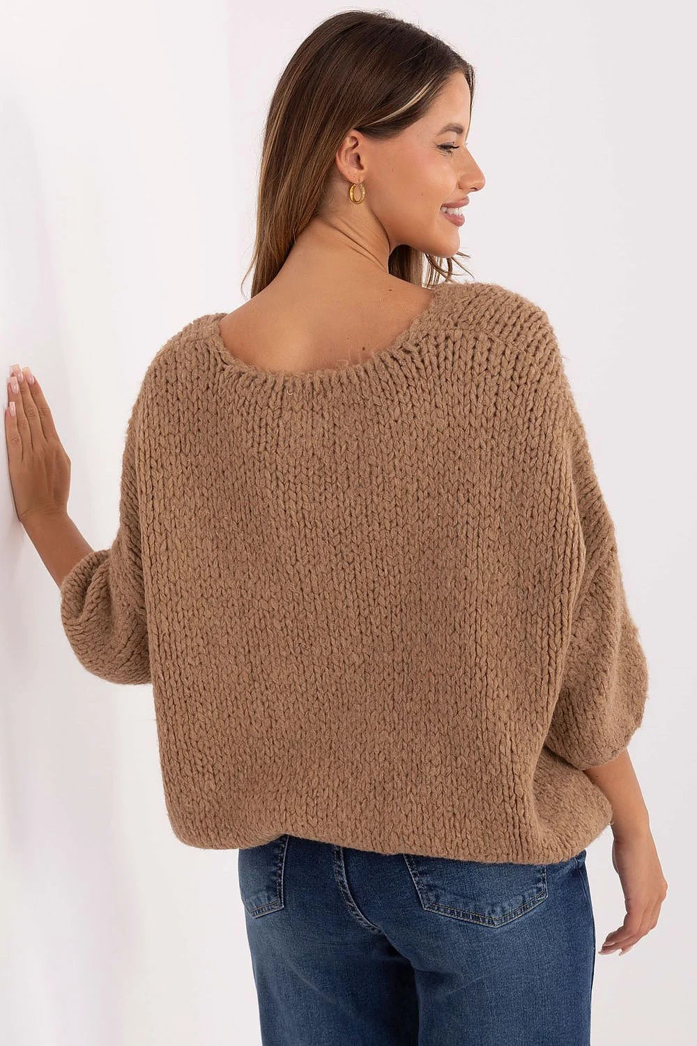 pull femme oversize maille chunky camel colV manches3quart dolman ample tombedroit tricotépais moelleux brossée alpaga polyacrylique polyamide viscose chaud confortable