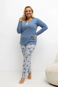 pyjama femme grande taille jersey doux coton bleu ardoise manches longues col rond boutonnée motif floral pantalon long