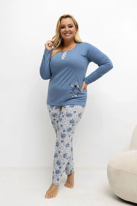 pyjama femme grande taille jersey doux coton bleu ardoise manches longues col rond boutonnée motif floral pantalon long