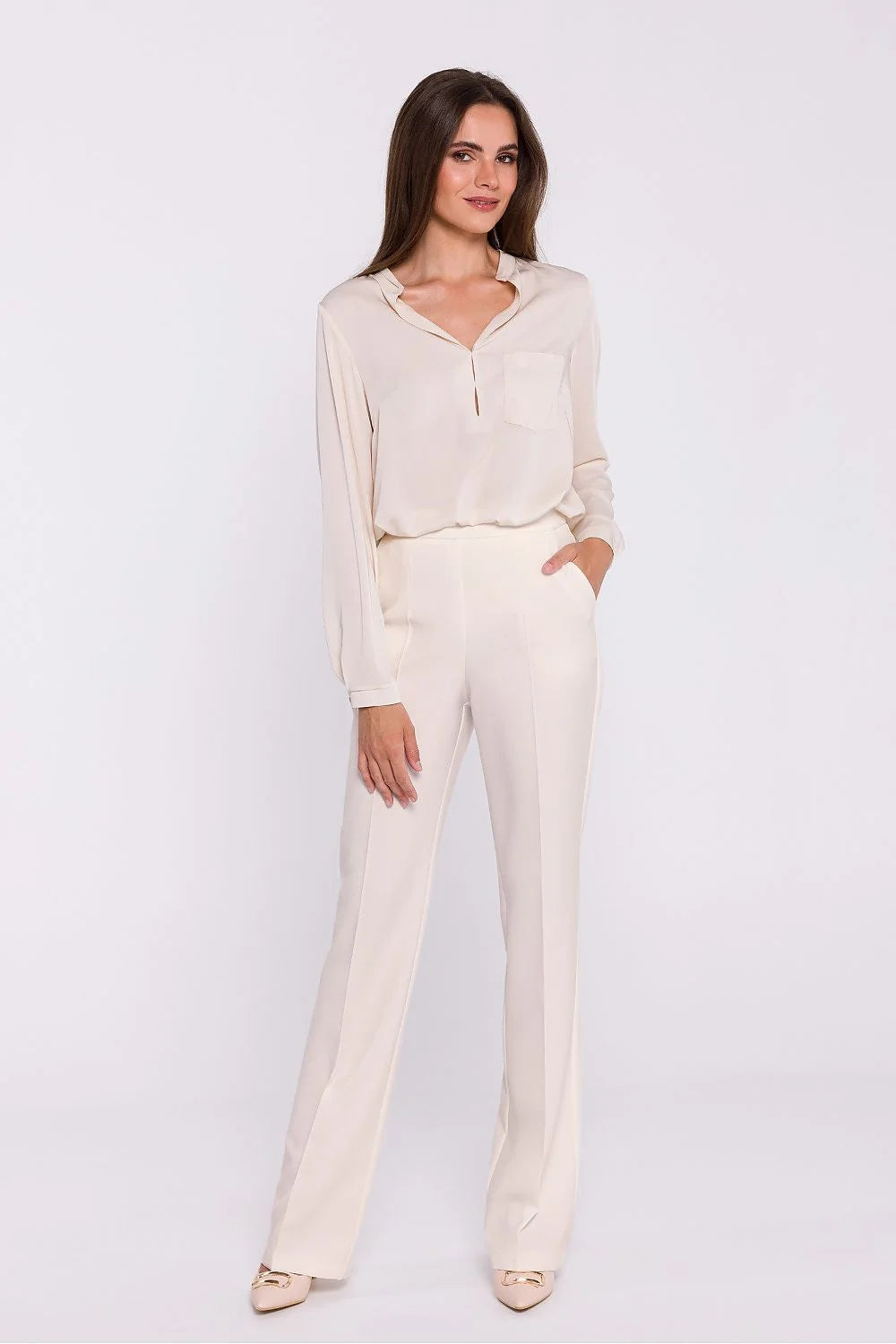 Pantalon femme Stylove élégant tissé jambes évasées taille haute fermeture glissière crème polyester spandex