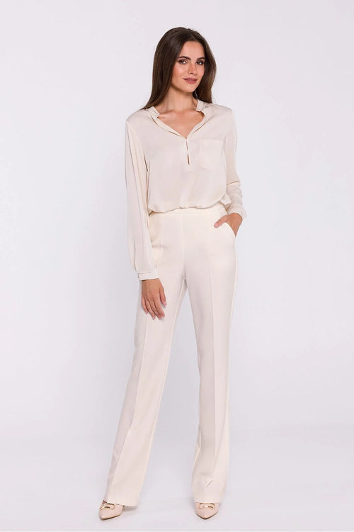 Pantalon femme Stylove élégant tissé jambes évasées taille haute fermeture glissière crème polyester spandex