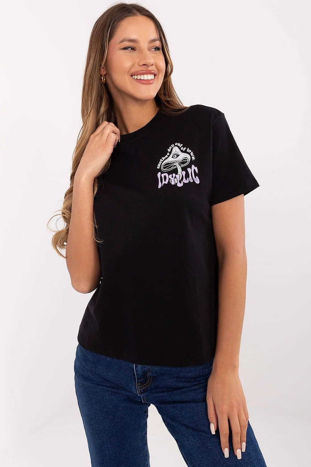T-shirt femme mode minimaliste imprimé graphique coupe classique coton haute qualité confortable manches courtes col rond noir blanc lilas