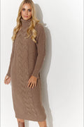 Robe de jour Makadamia en tricot laine automne-hiver longues manches col roulé motif torsade taupe femmes