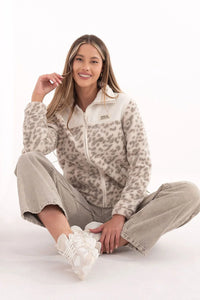 veste femme sherpa polaire zippée motif léopard beige ivoire col montant empiècement contrastant nylon logo poitrine poches manches longues décontractée