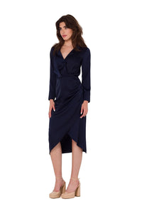 Robe de cocktail élégante bleu marine manches longues col V portefeuille drapé taille ajustée femme