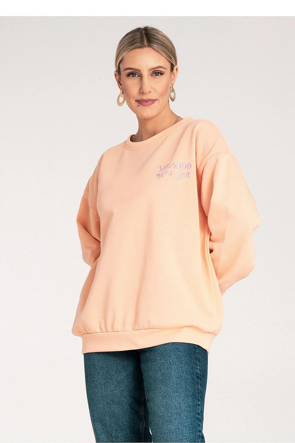 Sweatshirt Figl loose fit round neckline embroidered inscription cotton blend women casual oversized