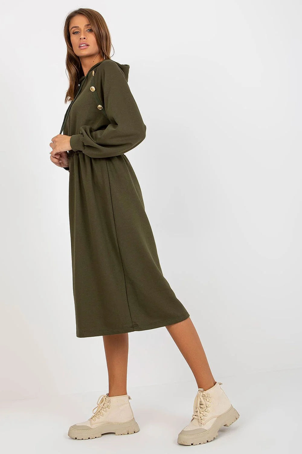 Robe de jour Relevance en coton et elasthanne, manches longues, capuche, boutons decoratifs, couleur verte, style casual, pour femme