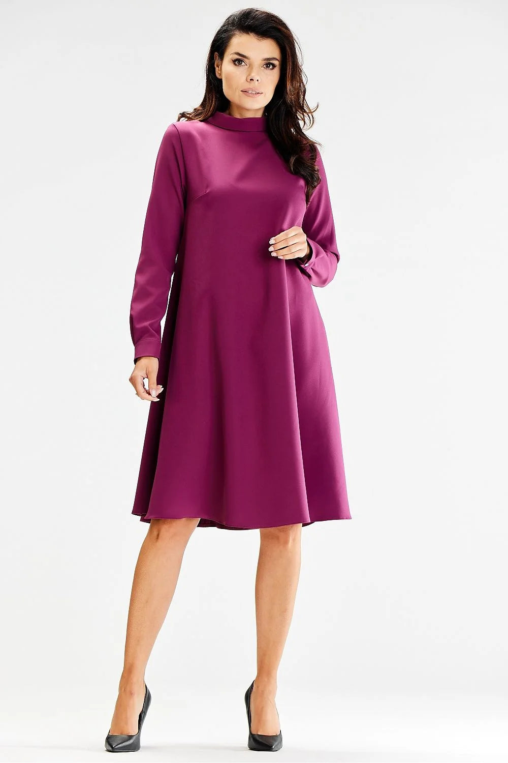 Robe élégante pour femme en polyester élasthanne couleur magenta longueur midi manches longues col dolman moderne occasion semi-formelle