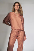 Ensemble détente satin pêche chic chemisier ample pantalon cordon serrage confort maison ou extérieur