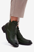 bottines femme Jezzi simili cuir vert foncé cheville bout arrondi semelle crantée épaisse talon plat 4cm fermeture éclair