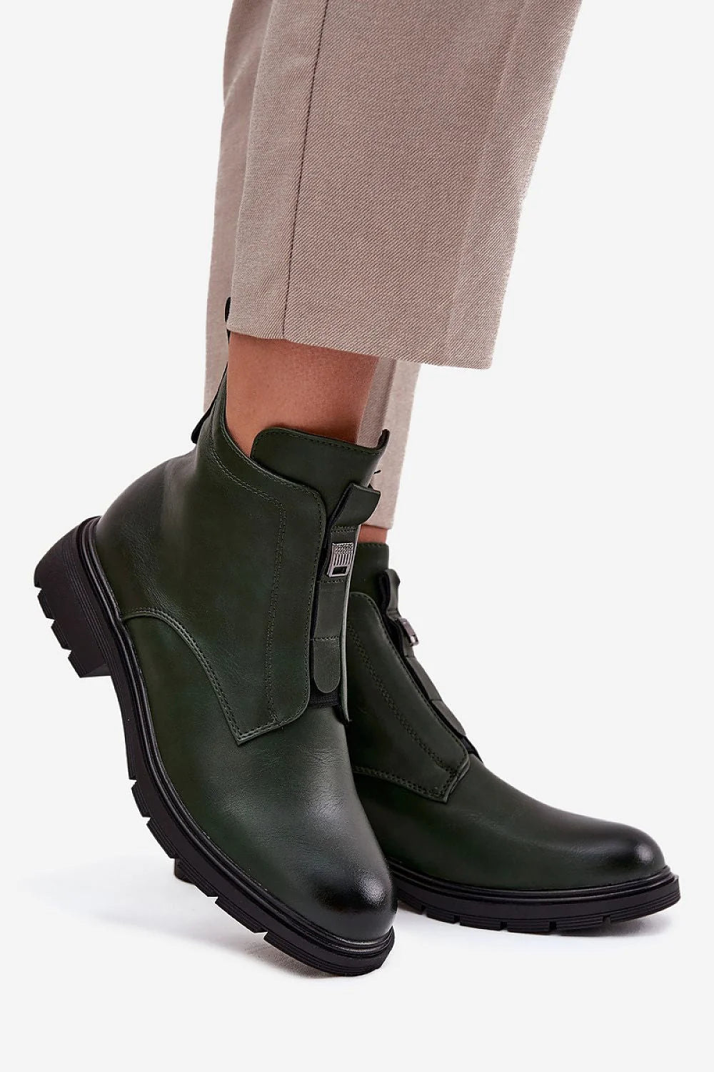 bottines femme Jezzi simili cuir vert foncé cheville bout arrondi semelle crantée épaisse talon plat 4cm fermeture éclair