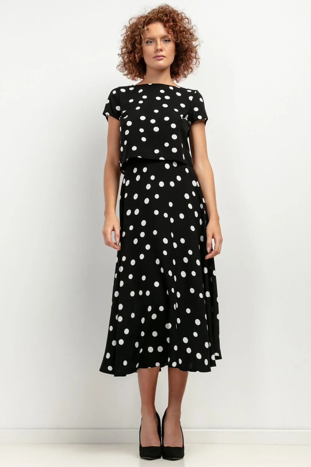 Robe élégante pour femme à motifs polka dot noir et blanc manches courtes jupe évasée en viscose taille ajustable