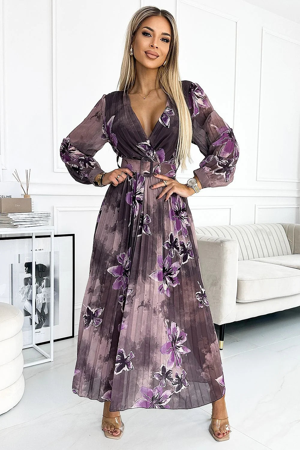 Robe de cocktail longue en mousseline Numoco V-neck manches longues motif floral violet polyester Europe femme