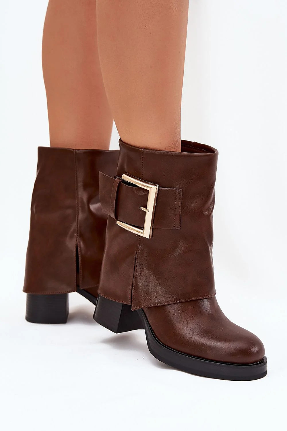 bottines femme cuir synthétique chocolat lisse talon carré hauteur 8cm plateforme noire bout rond doublure fourrure chaude confortables boucle dorée