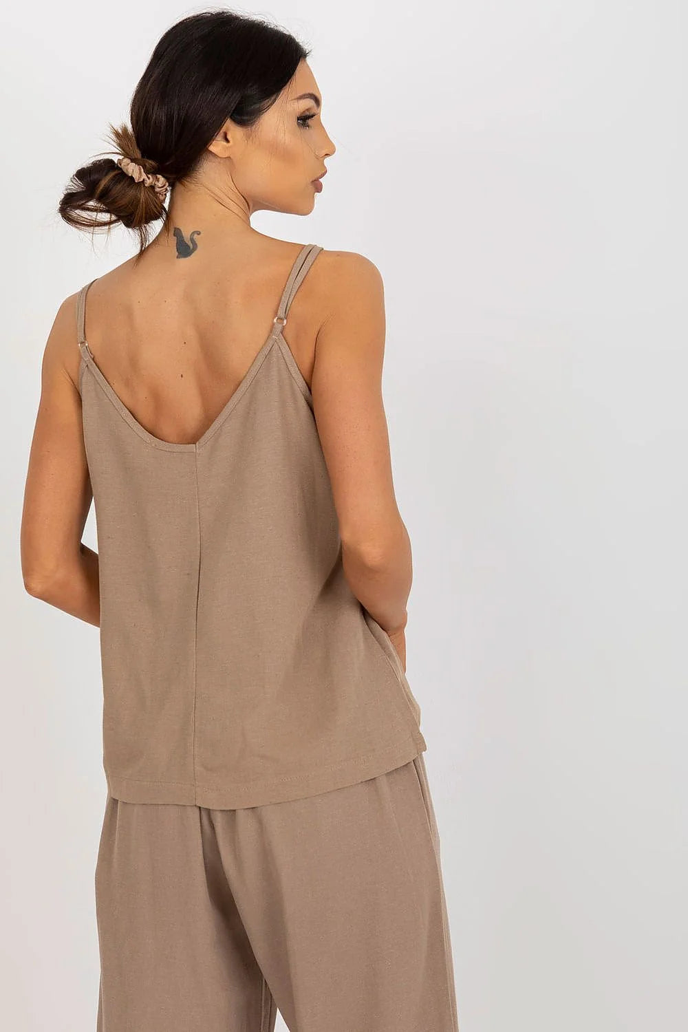 Tenue féminine taupe ample décontractée Pantalon large crop top ajustable Jersey coton léger été détente