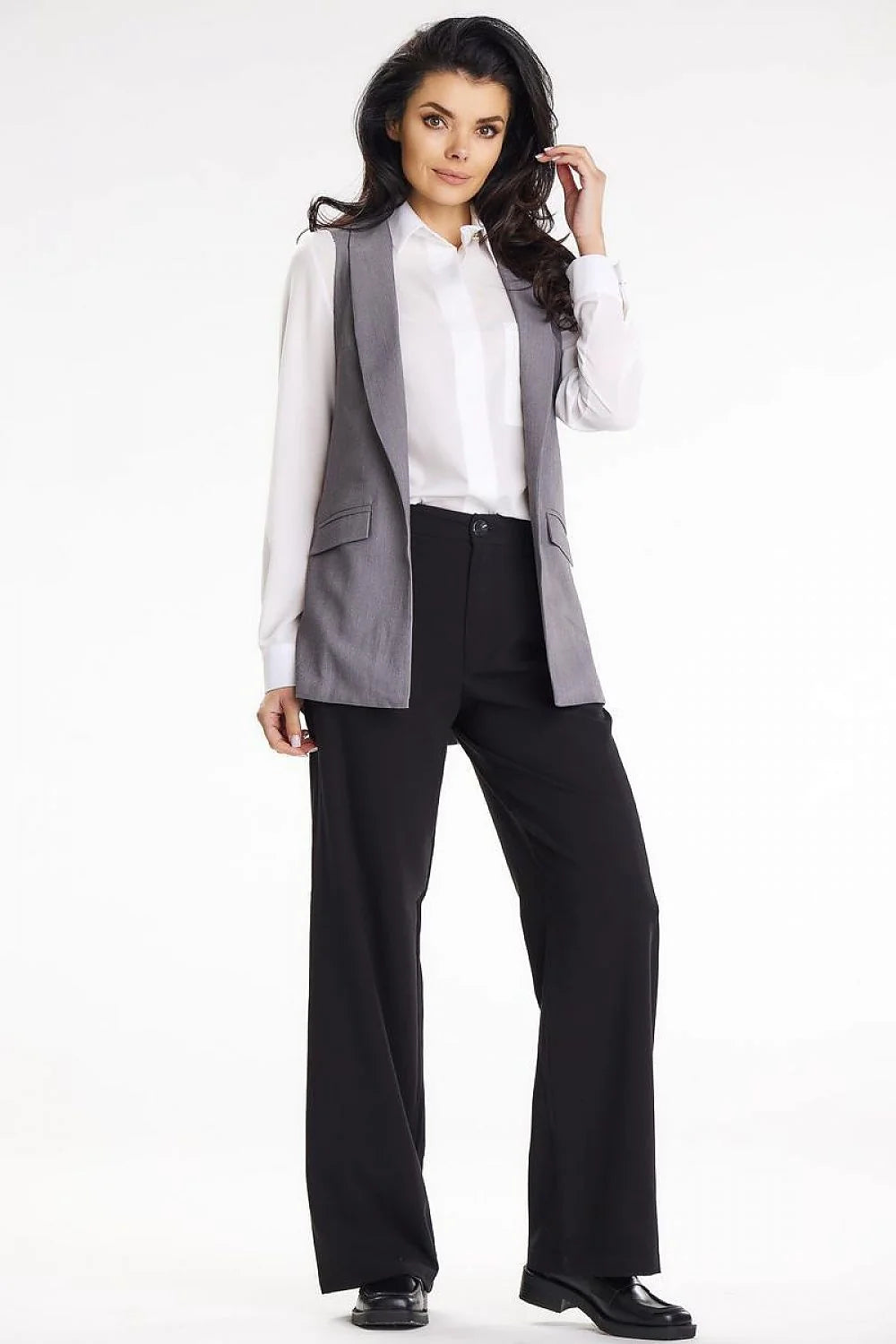 Gilet élégant pour femme avec col châle, patchs poches imitation, style professionnel, élasthanne polyester viscose, taille S M L XL
