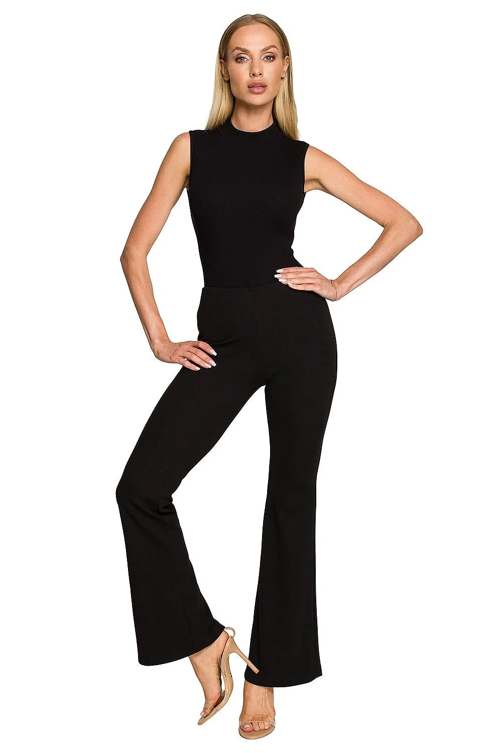 pantalon femme taille haute jambes évasées cheville noir élégant minimaliste stretch extensible maille lisse ceinture élastique sanspoches sansfermeture