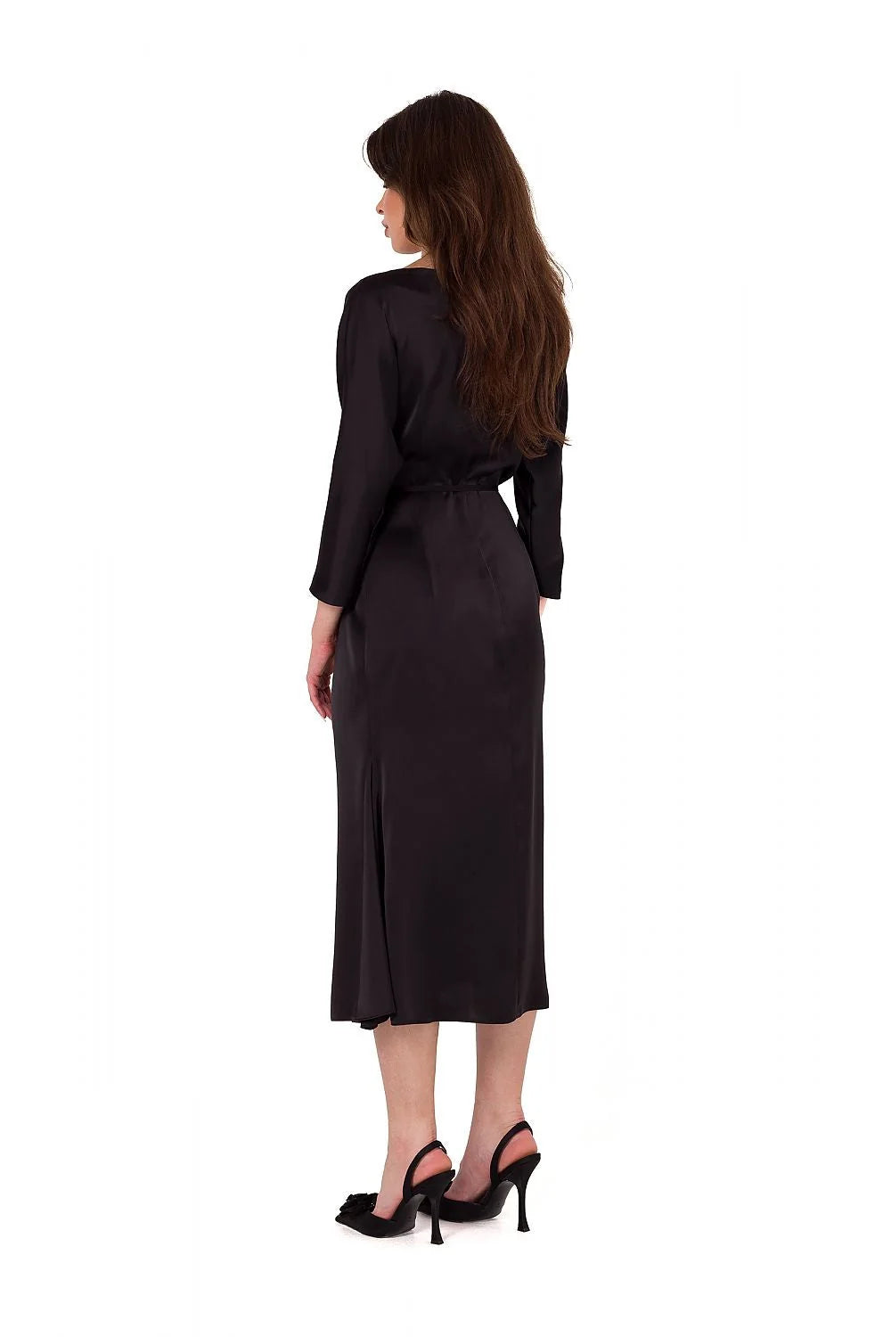 Robe de soirée élégante longue manches longues dos couvert satin noir taille ajustable femme