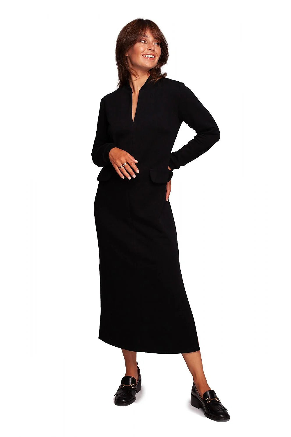 Robe de jour Be Wear longue en coton et polyester, fente haute, manches longues, encolure V, poches rabattables, style épuré, couleur violette profonde pour femme