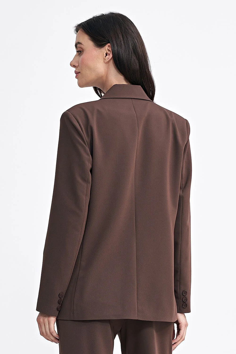 Veste élégante pour femme blazer oversize col classique manches longues épaulettes discrètes couleur marron chocolat