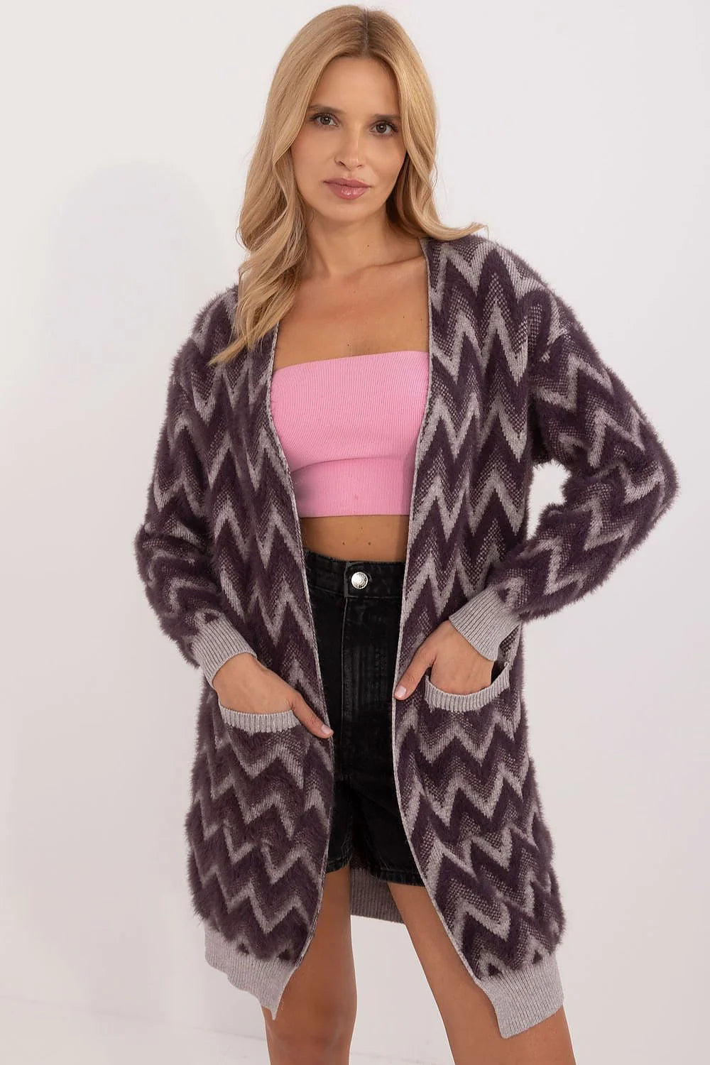 cardigan femme oversize mi cuisse motif chevron prune gris maille duveteuse effet mohair manches bouffantes poches plaquées bords côtes confort