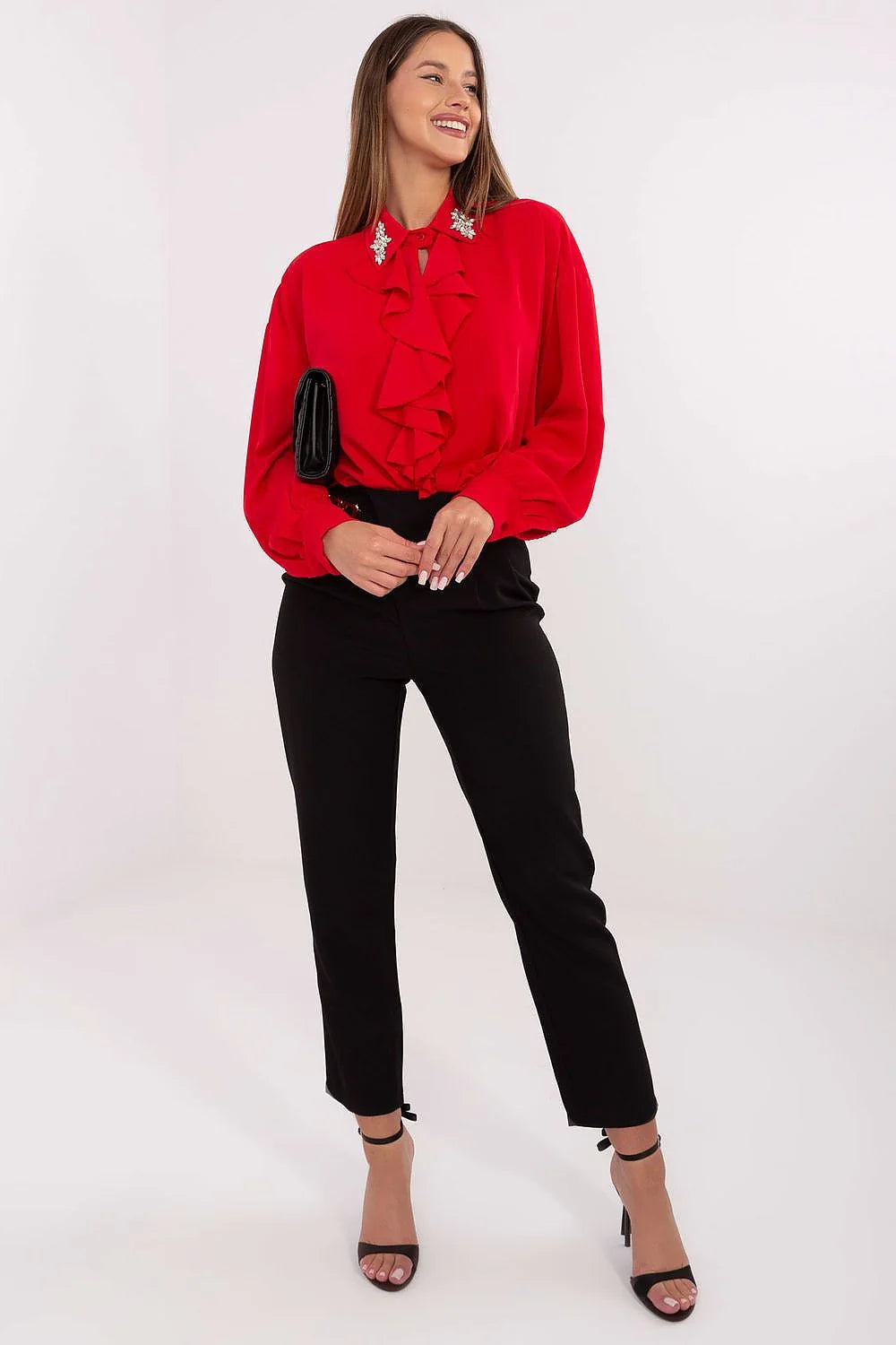 chemisier élégant féminin asymétrique dos long col large jabot subtil manches bouffantes polyester léger ajusté silhouette