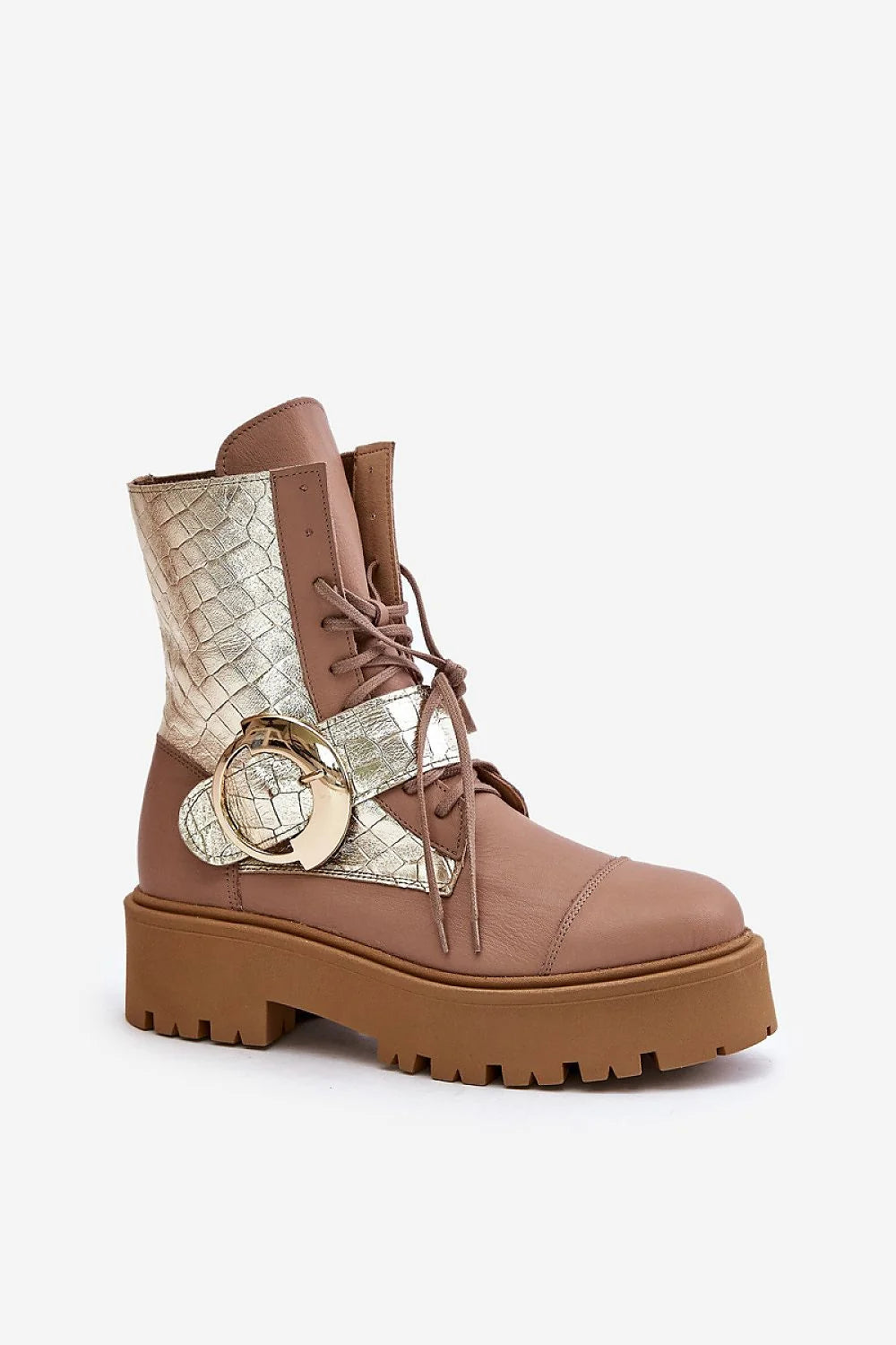 Bottines femmes modernes audacieuses cuir naturel métallisé motif crocodile doré高 shaft ajustable talon plat plateforme