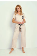 pyjama femme viscose douce respirante haut manches courtes poche poitrine coupe ample pantalon cheville poches taille élastique imprimé léopard beige