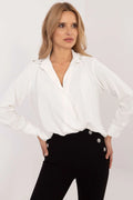 Chemise manche longue élégante pour femme couleur blanc pur coupe ample col V boutons argentés polyester viscose