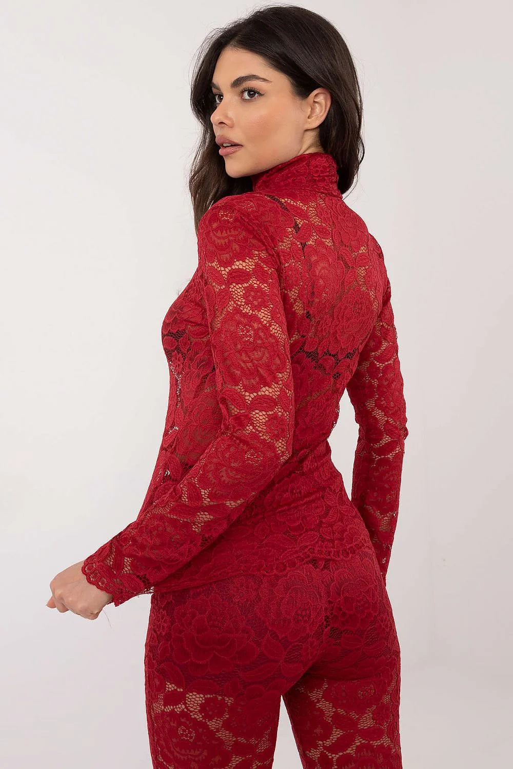 Combinaison dentelle rouge Italy Moda, style élégant, manches longues, col montant, polyester, viscose, elastane, femmes, occasion spéciale, soirée, gala, dentelle florale, ajustée, mode