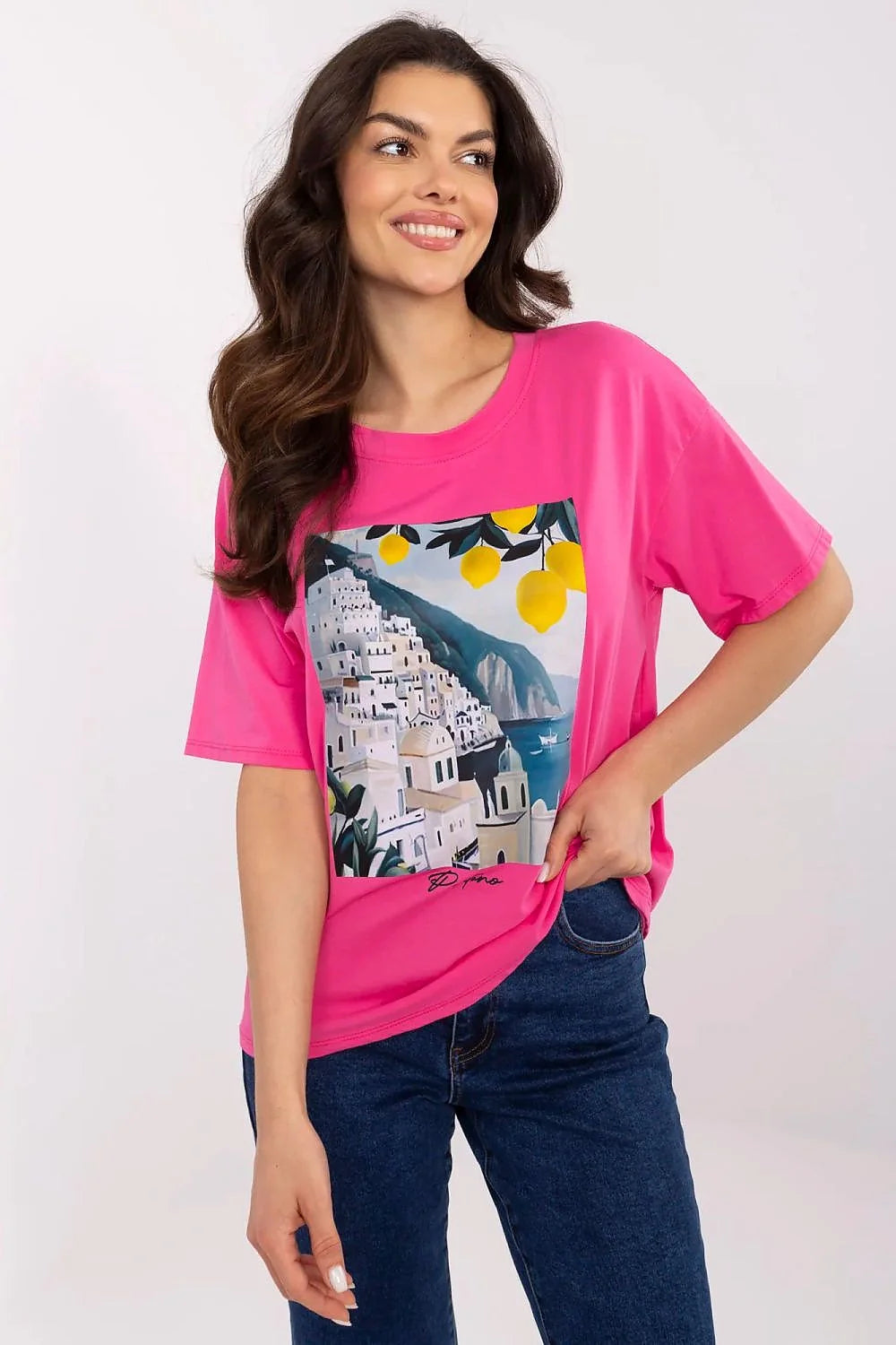 T-shirt Italy Moda pour femme, style casual, coupe ample, imprimé méditerranéen, coton élasthanne, confort tout le jour