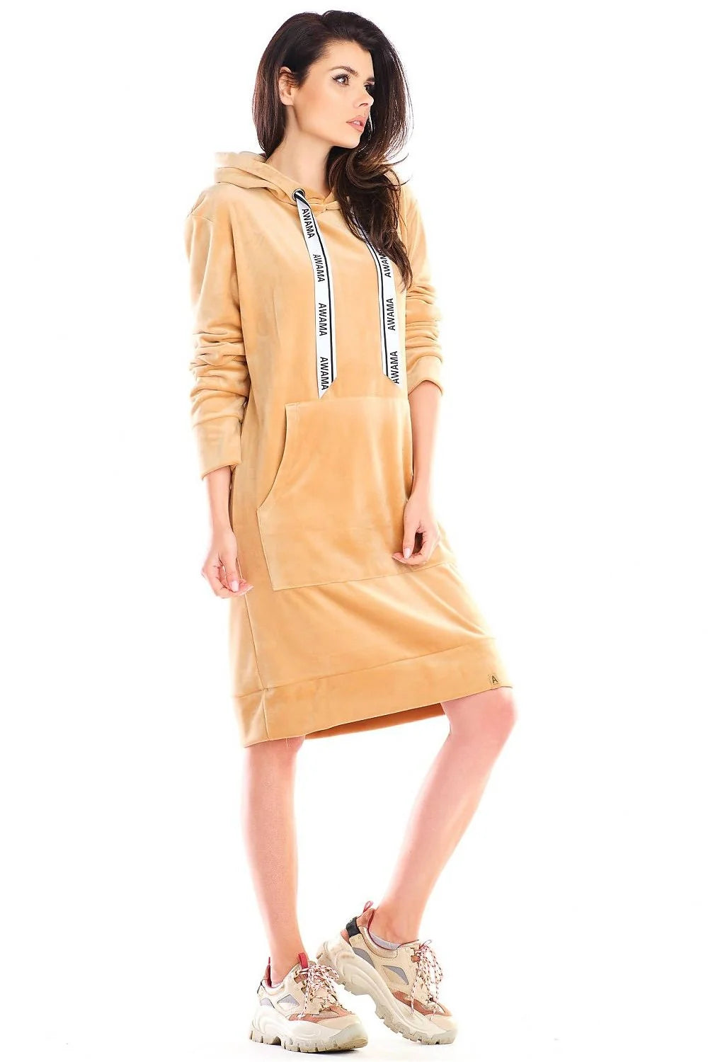 Robe sweat femme en velours doux, décontractée et chic, capuche beige pour automne-hiver