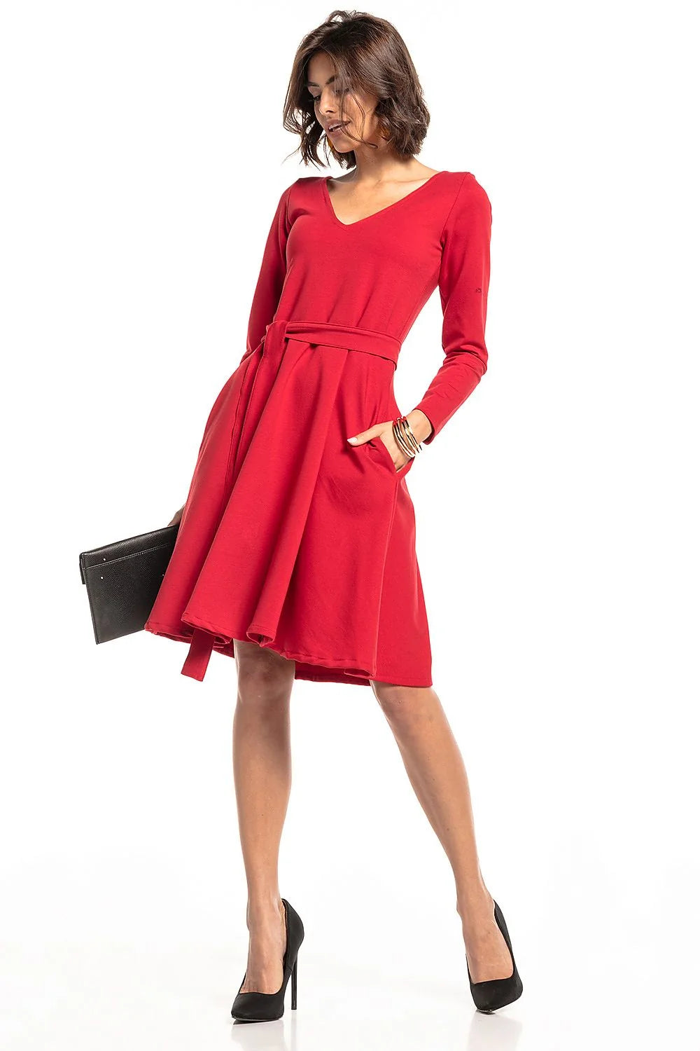 Robe en coton bleu élégante Tessita manches longues col V ceinture intégrée pour femmes