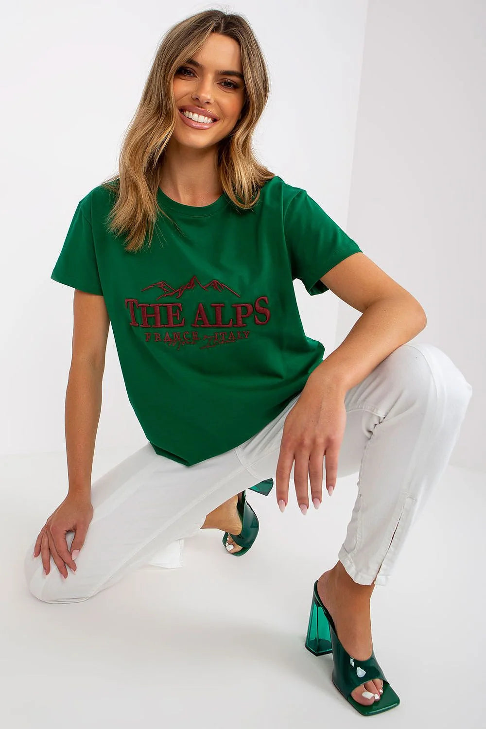 T-shirt Fancy pour femme vert profond imprimé THE ALPS France Italy montagnes graphique manches courtes col rond coton élasthanne