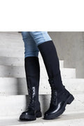 Bottes hautes mixte cuir tissu extensible noir style urbain moderne femmes lacets semelle caoutchouc