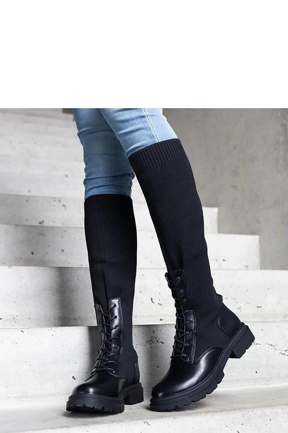Bottes hautes mixte cuir tissu extensible noir style urbain moderne femmes lacets semelle caoutchouc