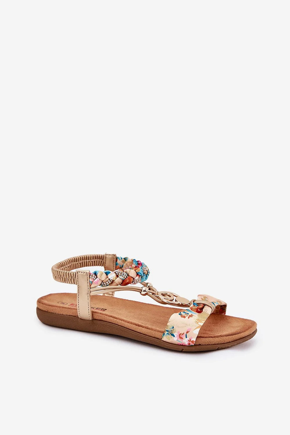 Sandales femmes élégance bohème floral tissu cuir synthetic doré anneaux métalliques strass confort été mode