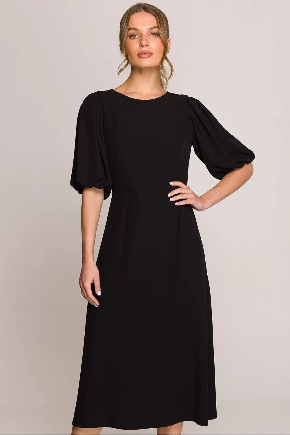 Robe de jour élégante midi manches bouffantes dos V encolure ronde noire polyester elasthanne femme