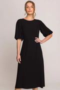 Robe de jour élégante midi manches bouffantes dos V encolure ronde noire polyester elasthanne femme