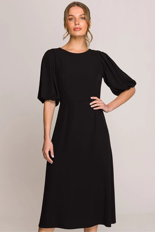Robe de jour élégante midi manches bouffantes dos V encolure ronde noire polyester elasthanne femme