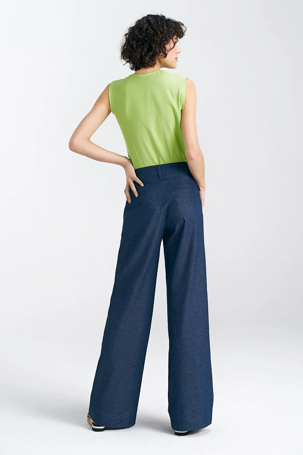 Pantalon long femme à jambes larges en coton 100% bleu marine taille haute ceinture ajustable coupe droite