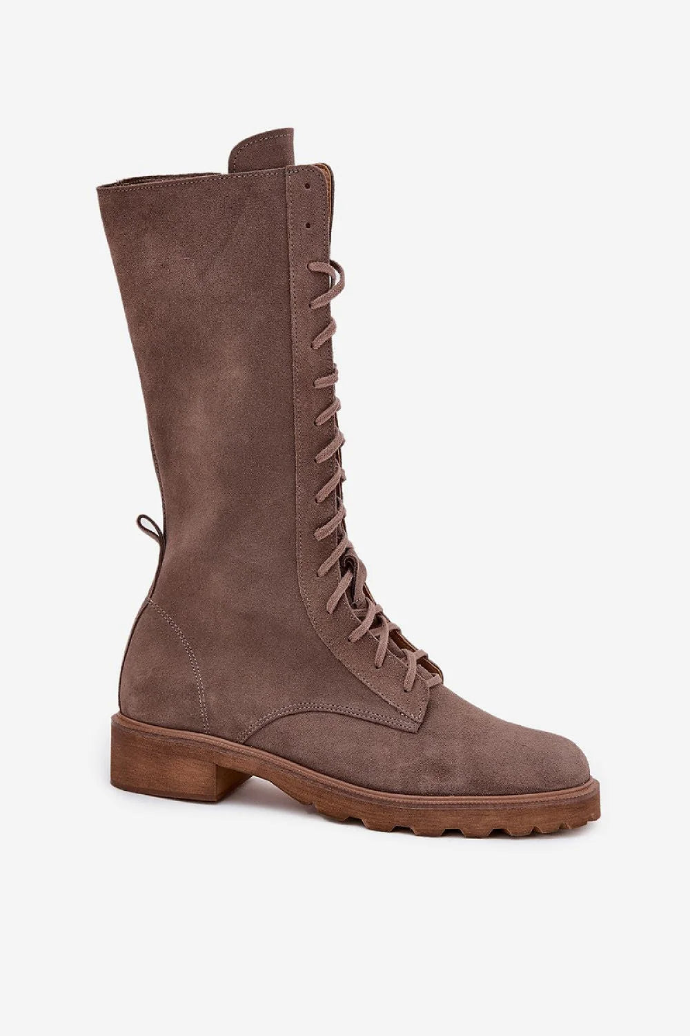 bottines femme cuir suédé naturel taupe montantes mi mollet laçage intégral ajustable fermeture éclair semelle crantée marron antidérapante talon bas