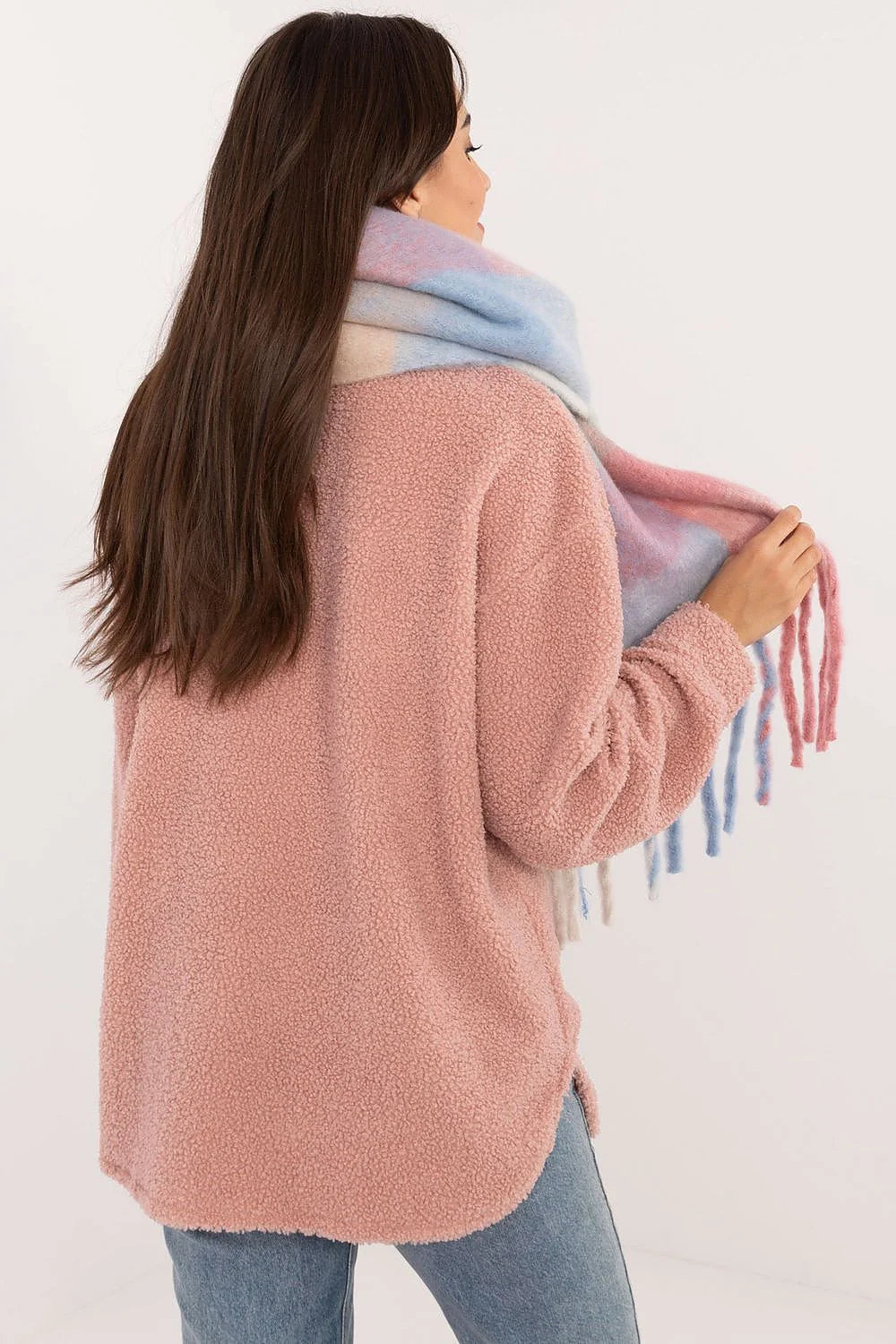 Écharpe femme en mélange laine mohair doux motif carreaux pastel rose bleu vert beige franges longues
