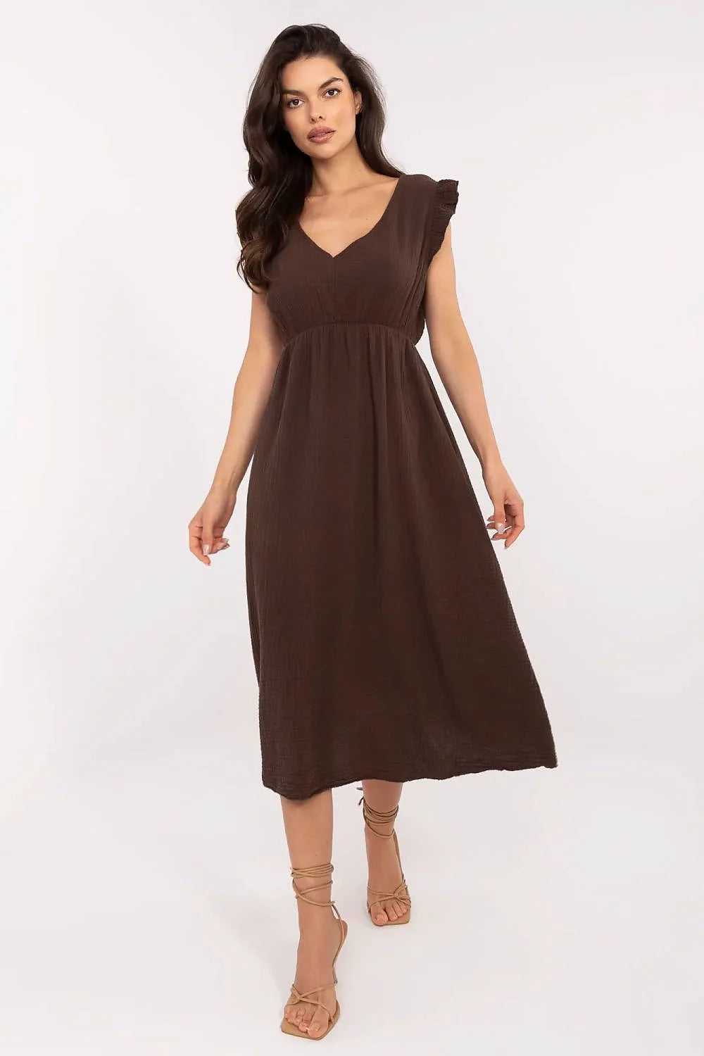 Robe de jour Italy Moda en mousseline, brune, évasée, manches courtes en ruffles, taille cintrée, style élégant, femme
