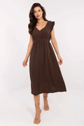 Robe de jour Italy Moda en mousseline, brune, évasée, manches courtes en ruffles, taille cintrée, style élégant, femme