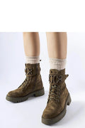 bottines montantes femme militaire kaki olive ecodaim doublure chaude laçage oeillets fermeture eclair semelle caoutchouc plateforme crantee talon moyen confort