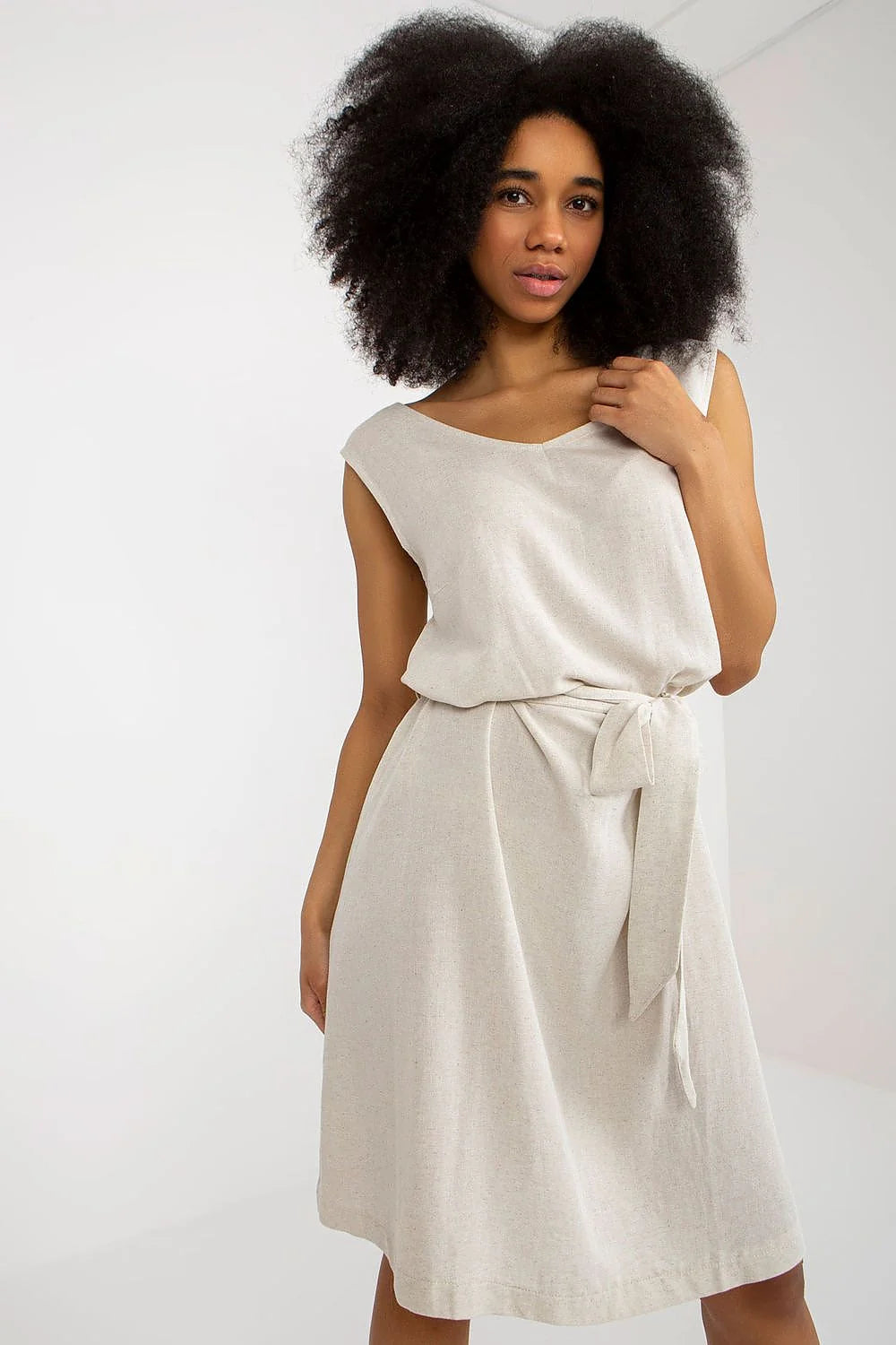 Robe Rue Paris été sans manches V-neck coton lin viscose taille ajustable ceinture incluse style minimaliste femme