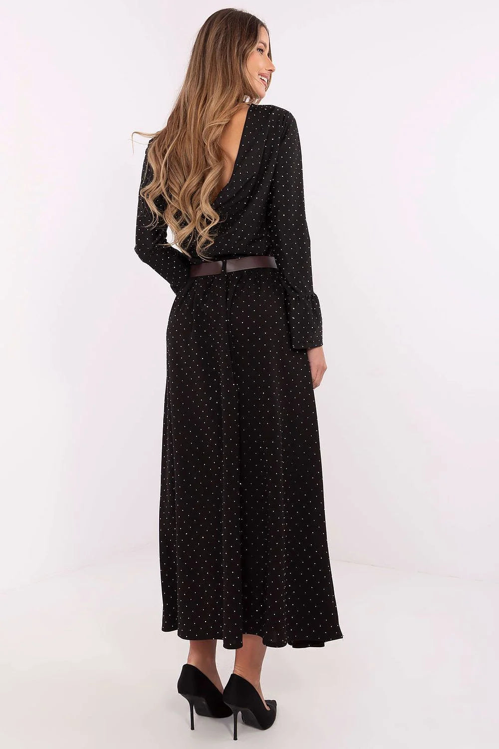 Robe longue élégante pour femme en viscose noire à pois blancs manches longues ceinture dorée slim fit