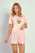 pyjama femme léger agréable confortable tshirt manches courtes col rond imprimé oranges dentelle short taille élastique rayures verticales ample